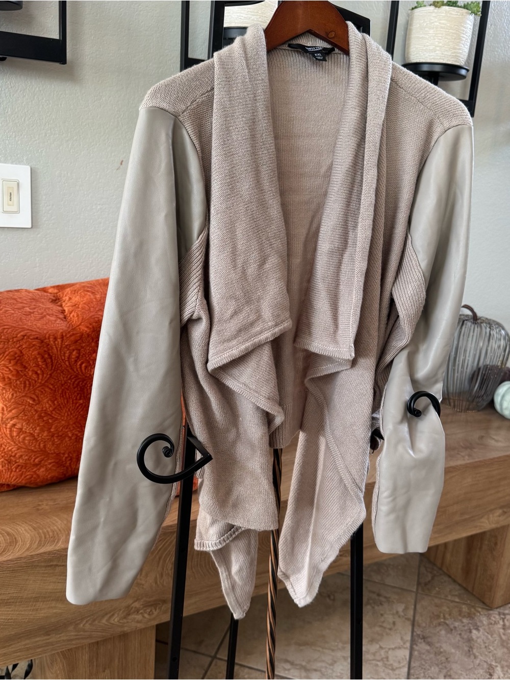 Simply Vera Vera Wang Taupe Draped Open-Front Sweater Cardigan